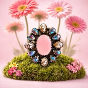 Queen Pink Conch Wild Horse Jasper & Purple Mojave Cluster Ring Adjustable 6-10